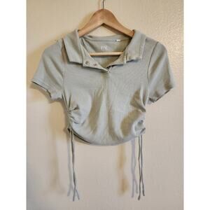 PAC CARES Light Green 3-Snap Collared, Ruched Crop Top Size S